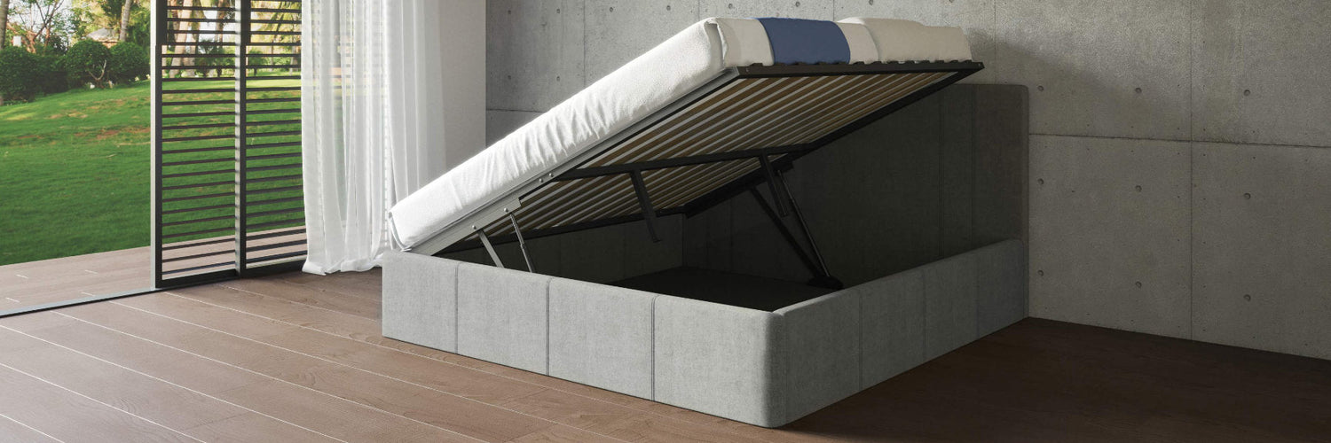Beds that lift up, providing storage space underneath. Ideal for apartments, lofts & any small space storage is needed. Buy online, ship worldwide.