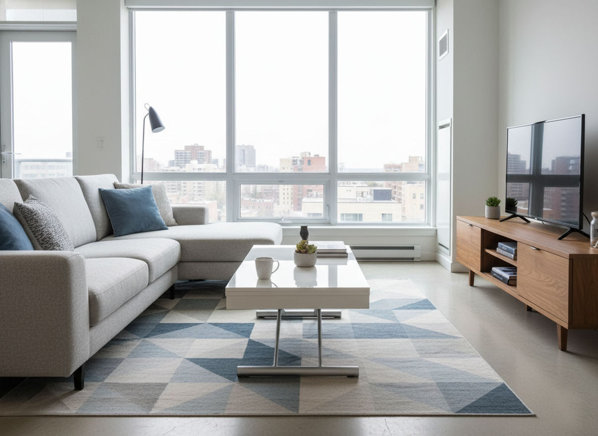 Alzare white gloss coffee dining table at mid height in a modern living room