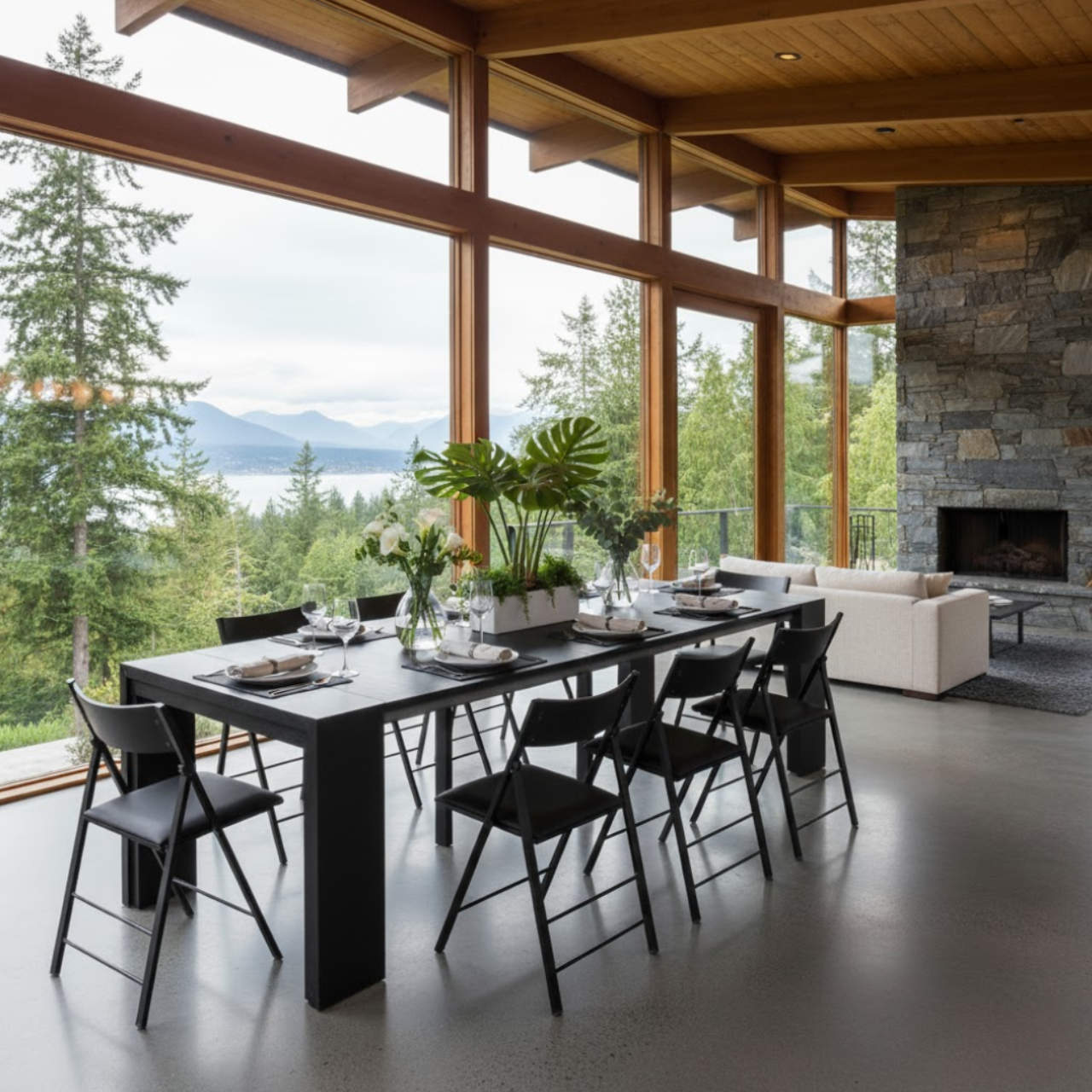 Black wood Junior Giant extending table built to a large table size and ready for dinner in a modern home