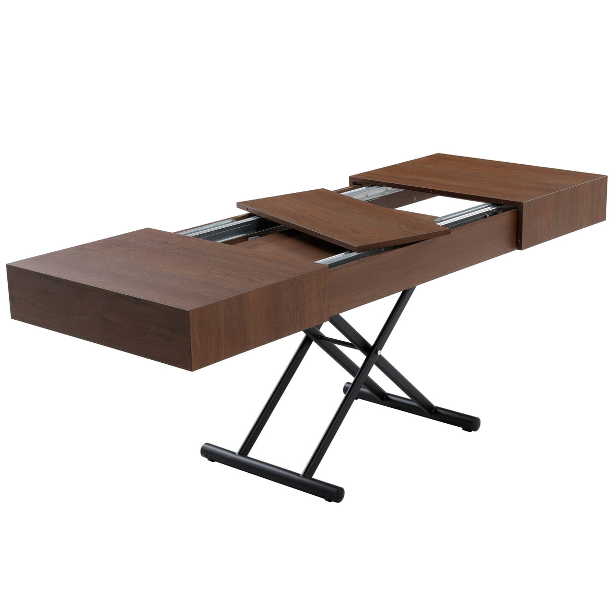 Box Coffee table in walnut wood - half open showing storage | Wood Walnut + Black Legs