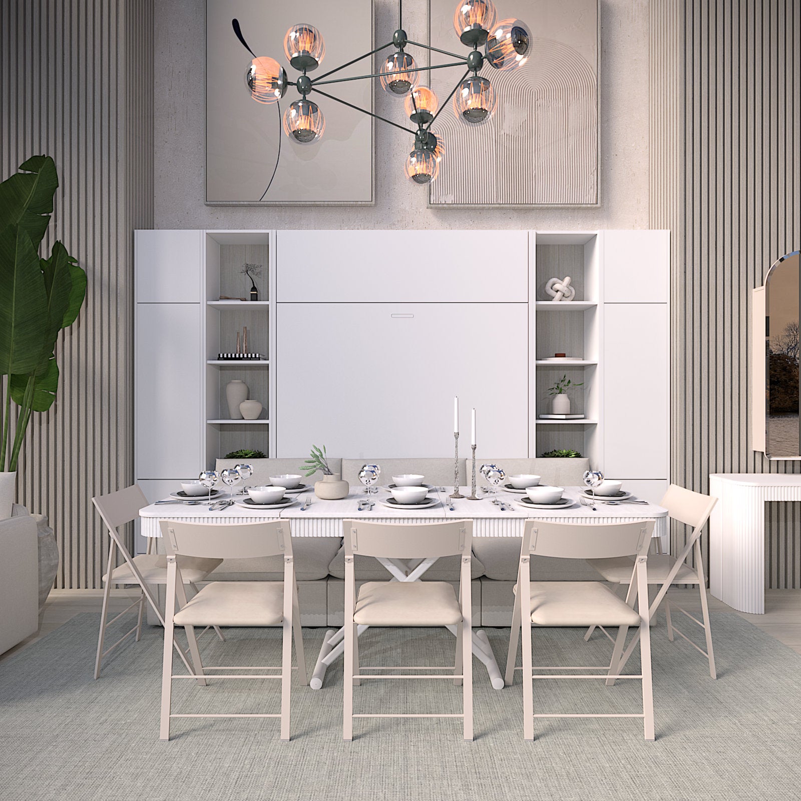 Expanded Box Coffee Curve table in white in front of a Panel Mosaic Murphy Bed Couch