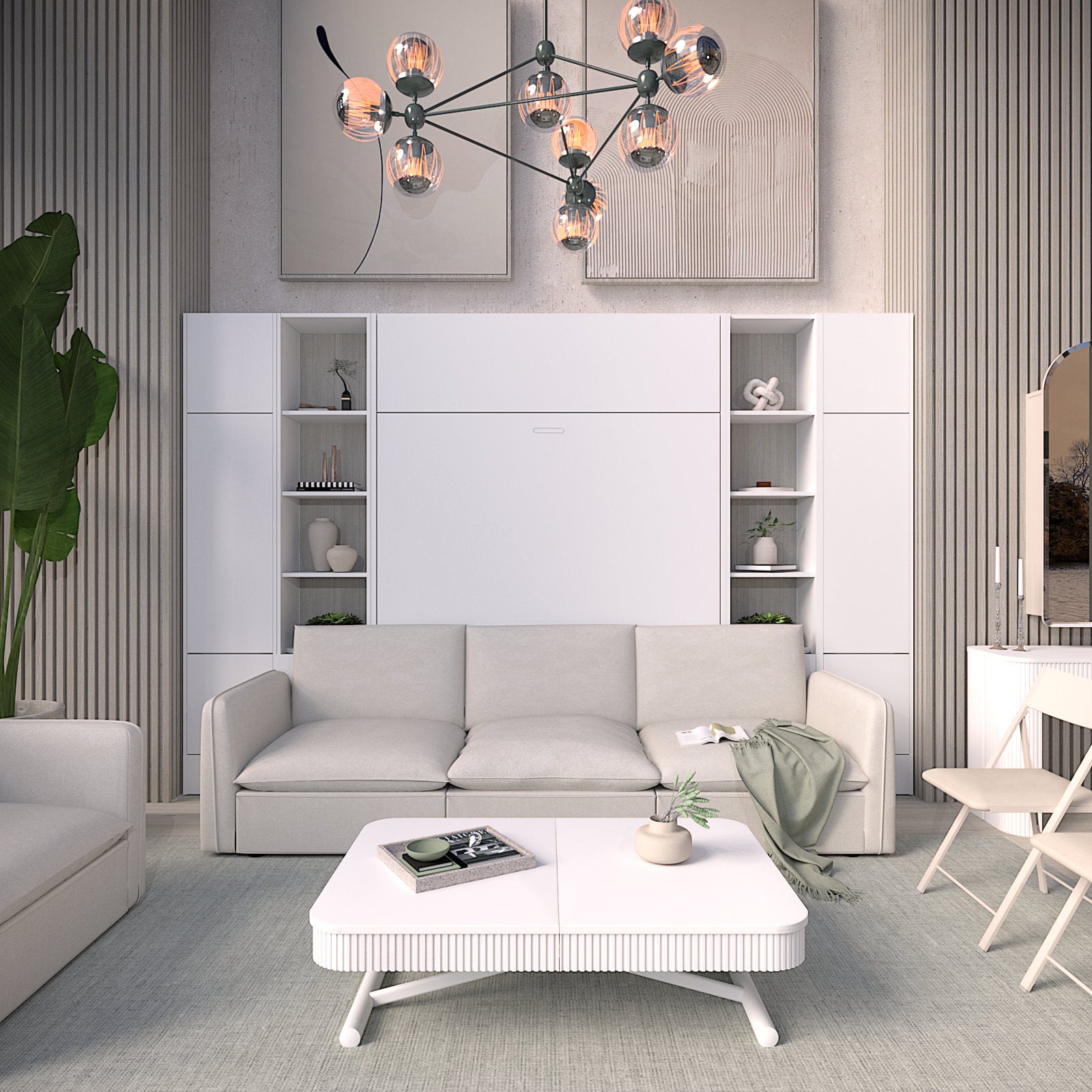 White Curved Box Coffee Table with Mosaic couch and Panel Murphy Bed system in white