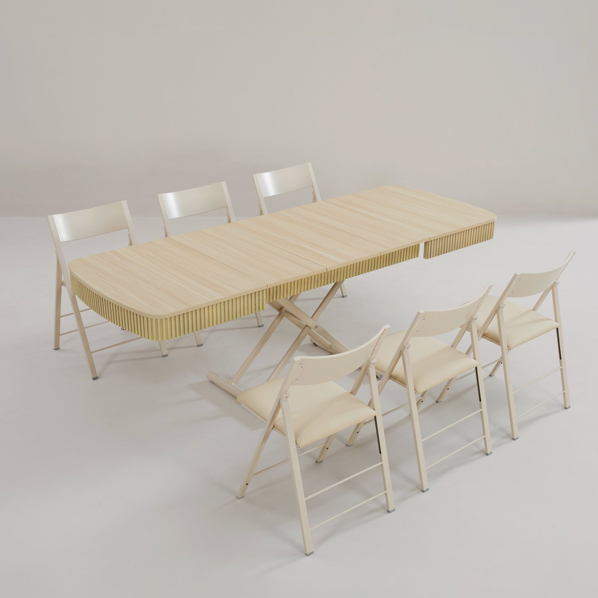 Box Coffee Curve oak wood fluted dining set with matching nano folding chairs