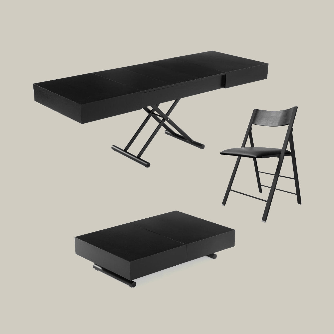 Black Wood Adjustable height coffee and extendable dinner table set with chairs