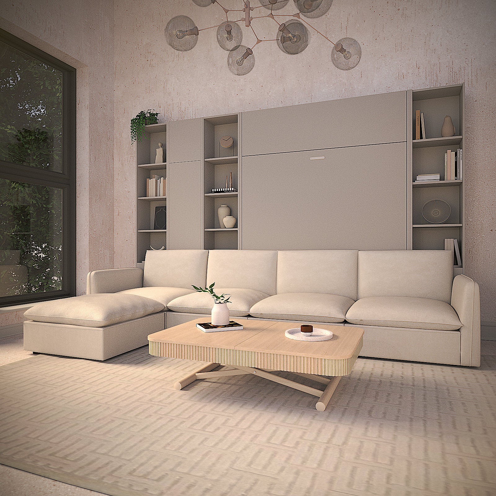 Box Coffee curve in oak with Panel Wall Bed Couch sectional