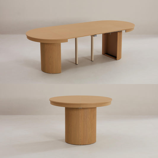 round wooden table expands into larger oval table with fluted design and storage inside