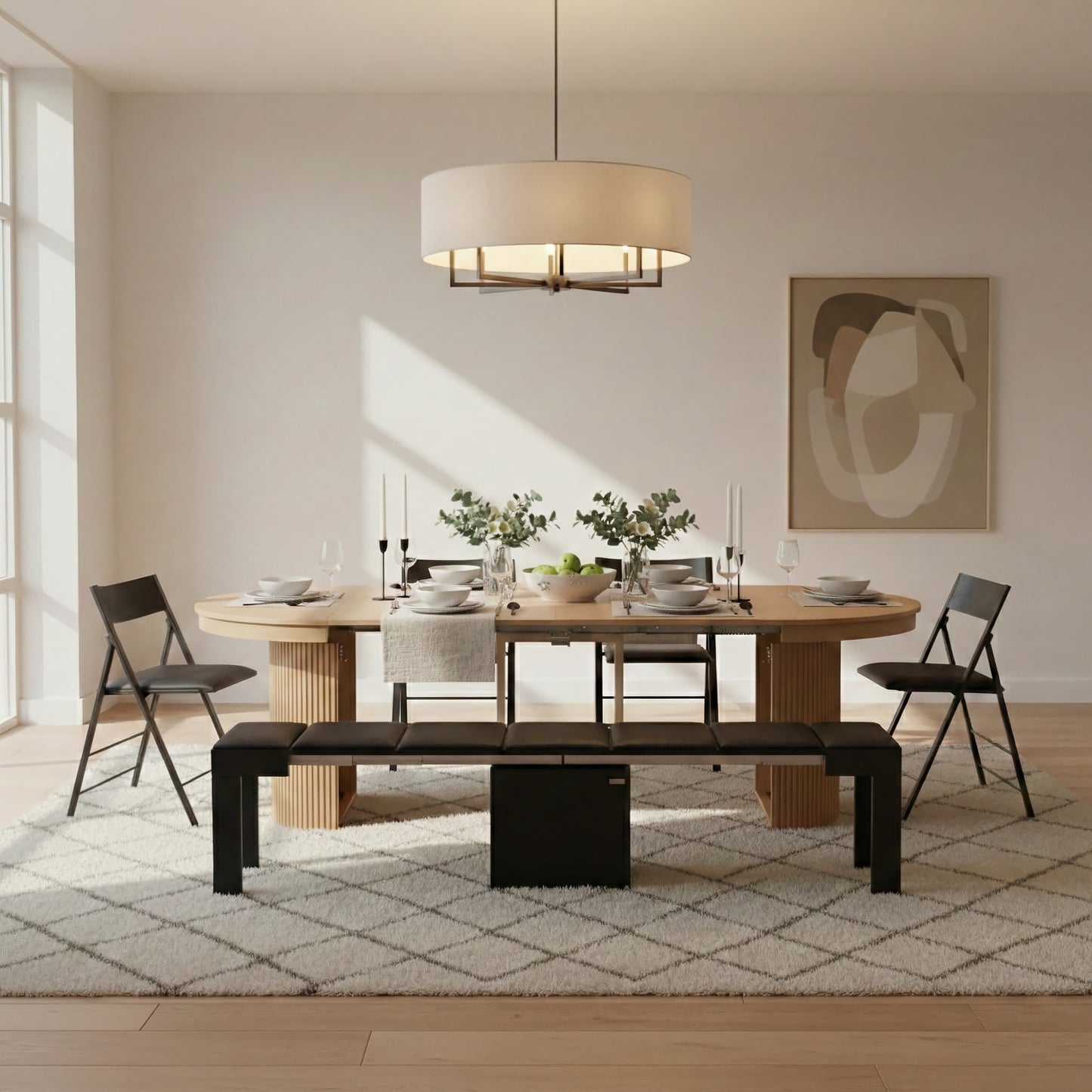 Round extendable table expanded with stored leaves to make a dining set in a modern warm room