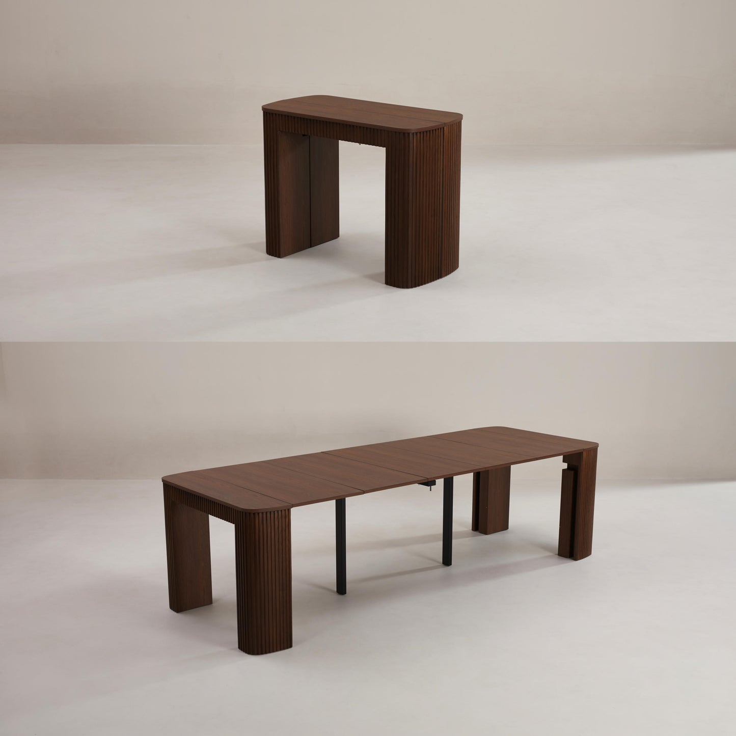Junior Giant Curve Extending Table in Walnut wood showing different sizes