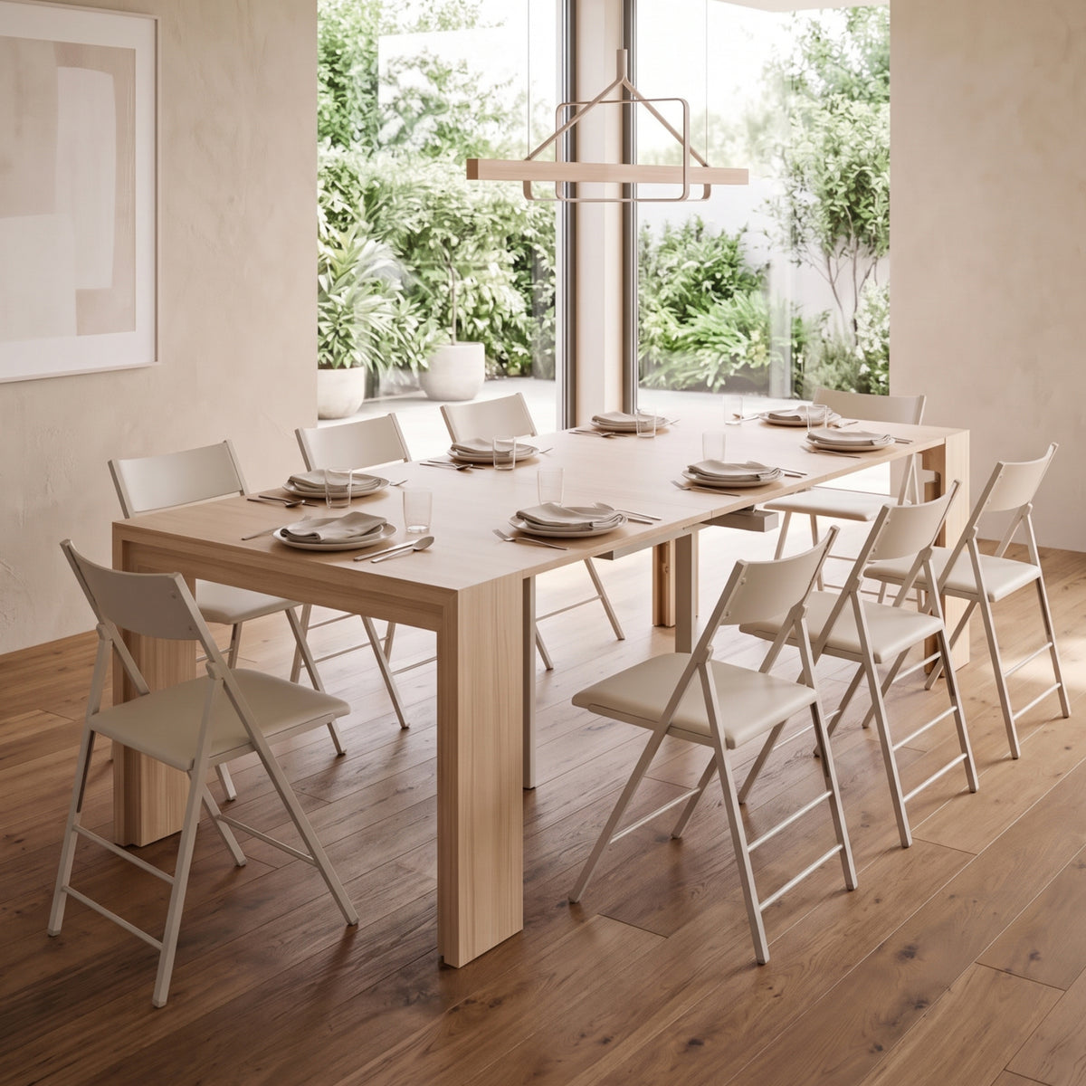 Junior giant 6 in 1 transforming table expanded with nano chairs | Satin Oak