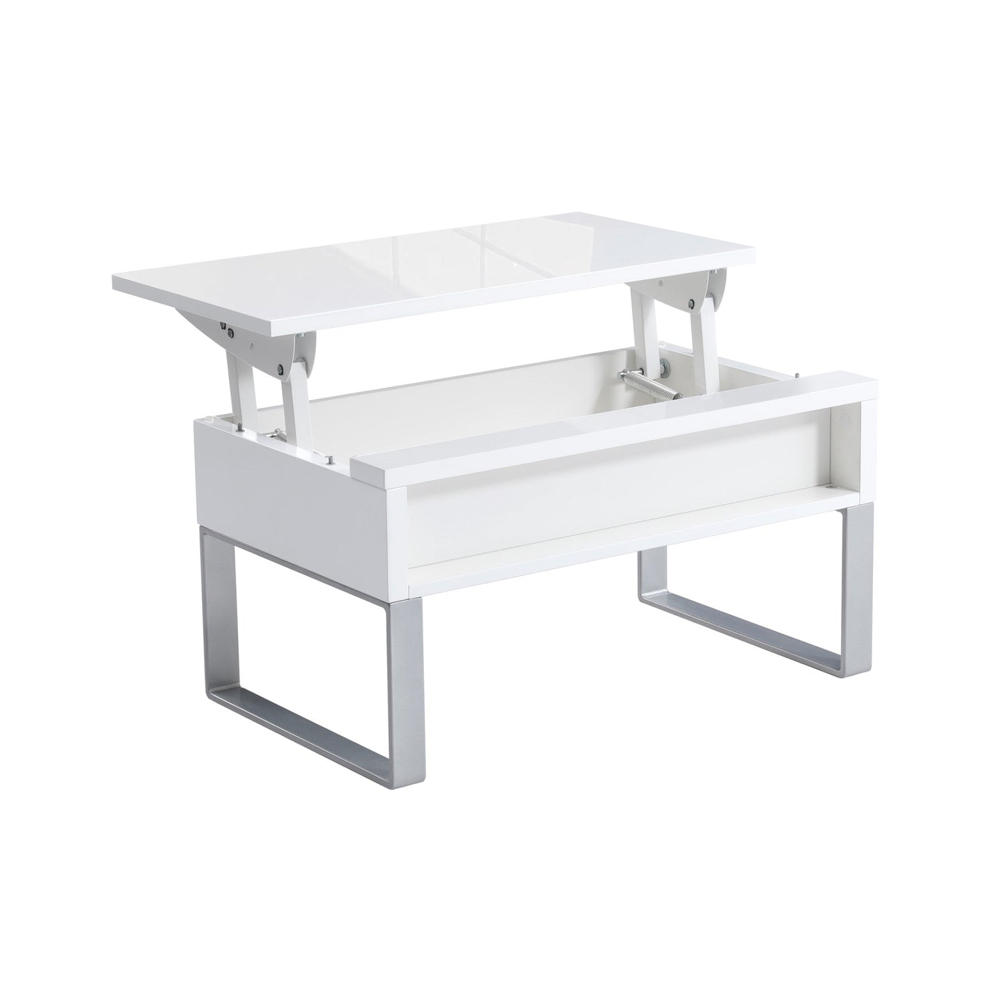 Mini Boost lift top storage table in glossy white with silver metal legs expanding