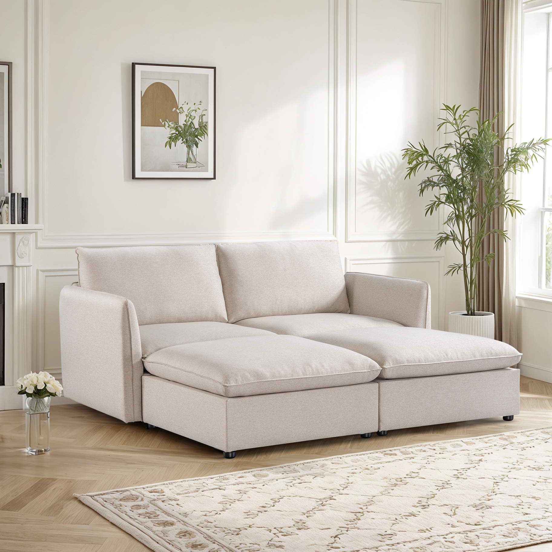 Mosaic sectional modular couch reconfigured into a square sofa