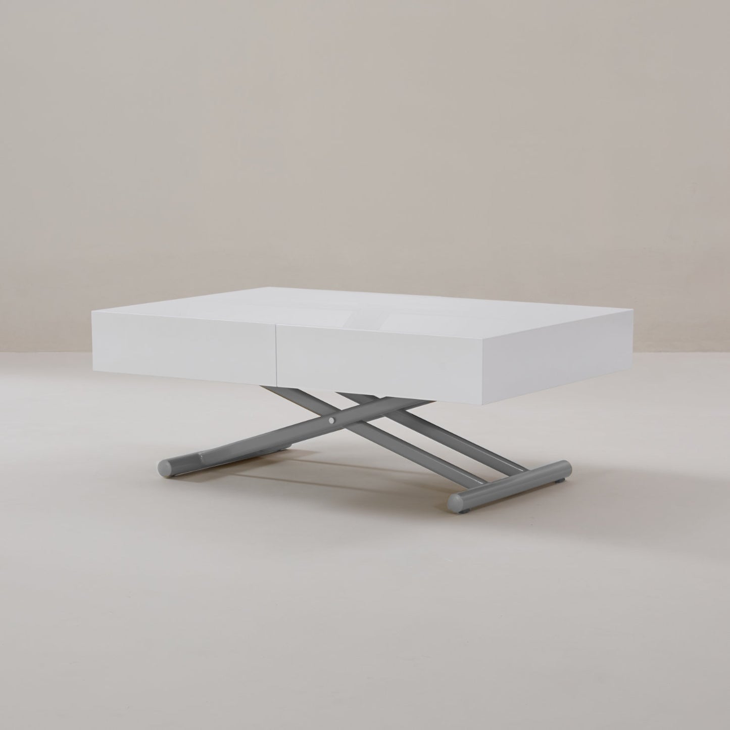 Motor lifting White coffee table with a metal base on a beige background