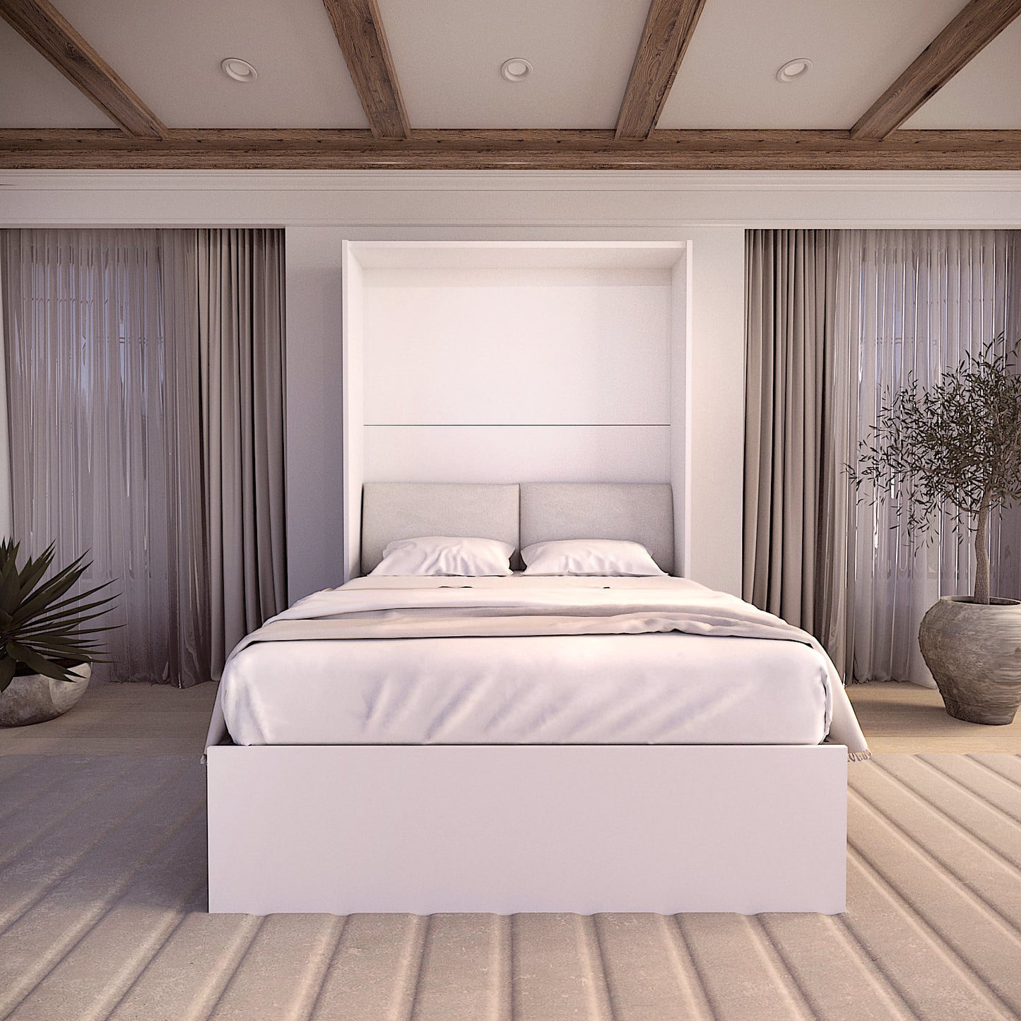 White murphy bed folds over 2 seat beige sofa with unique mechanics