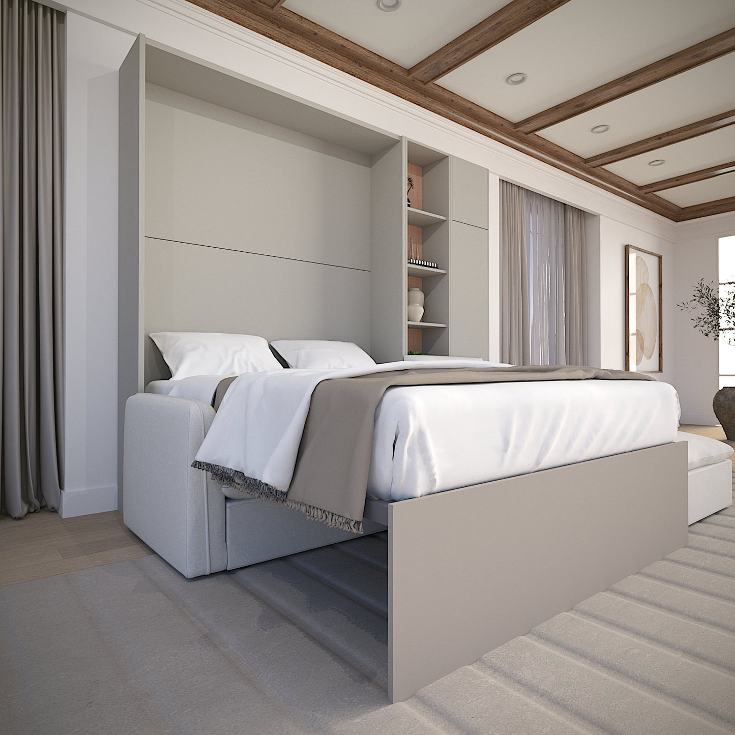 Panel mosaic murphy bed opened over sectional sofa | Dune