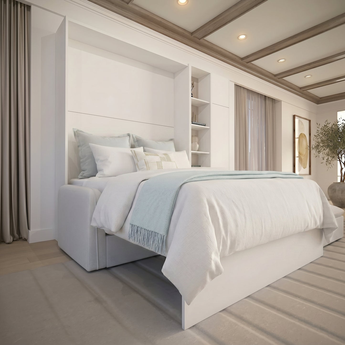 Panel Murphy Bed opened over Mosaic Sectional Couch | Opal White