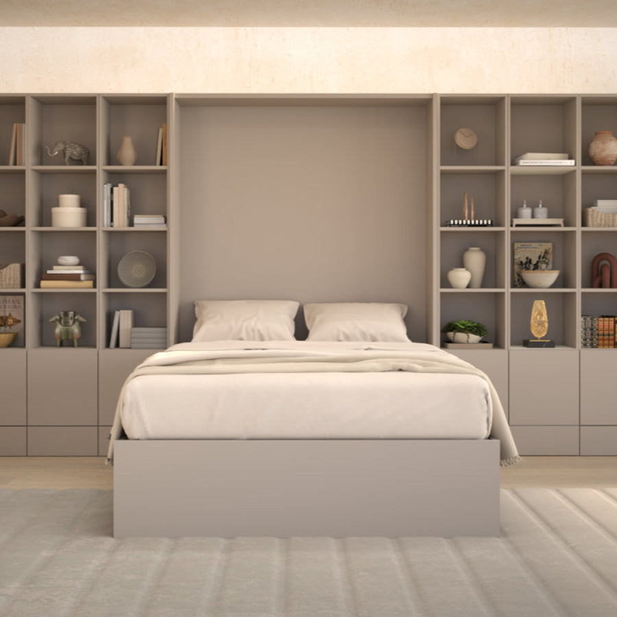 open taupe shelves for panel cupboards