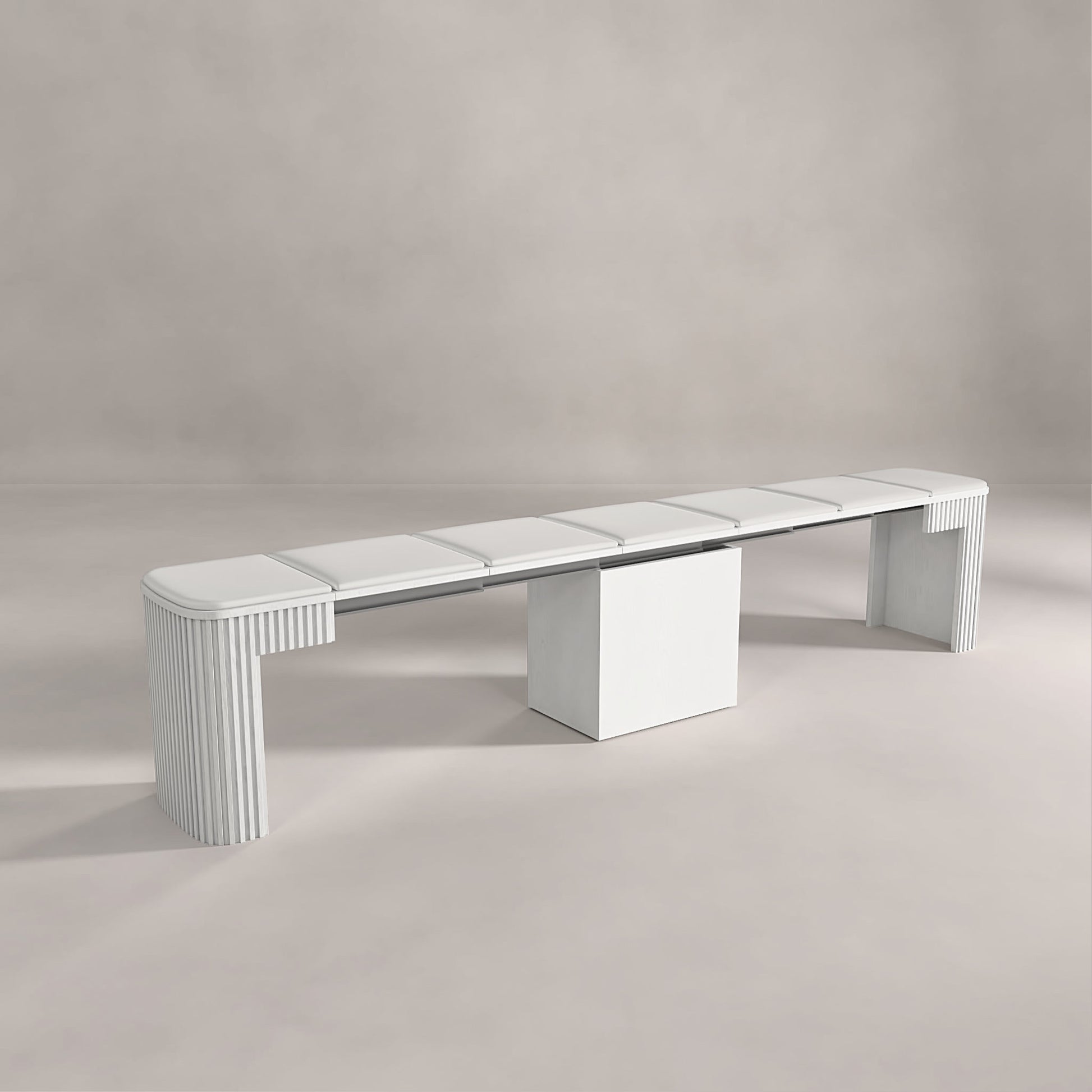 Scatola Curve in white fluted wood extended as a bench