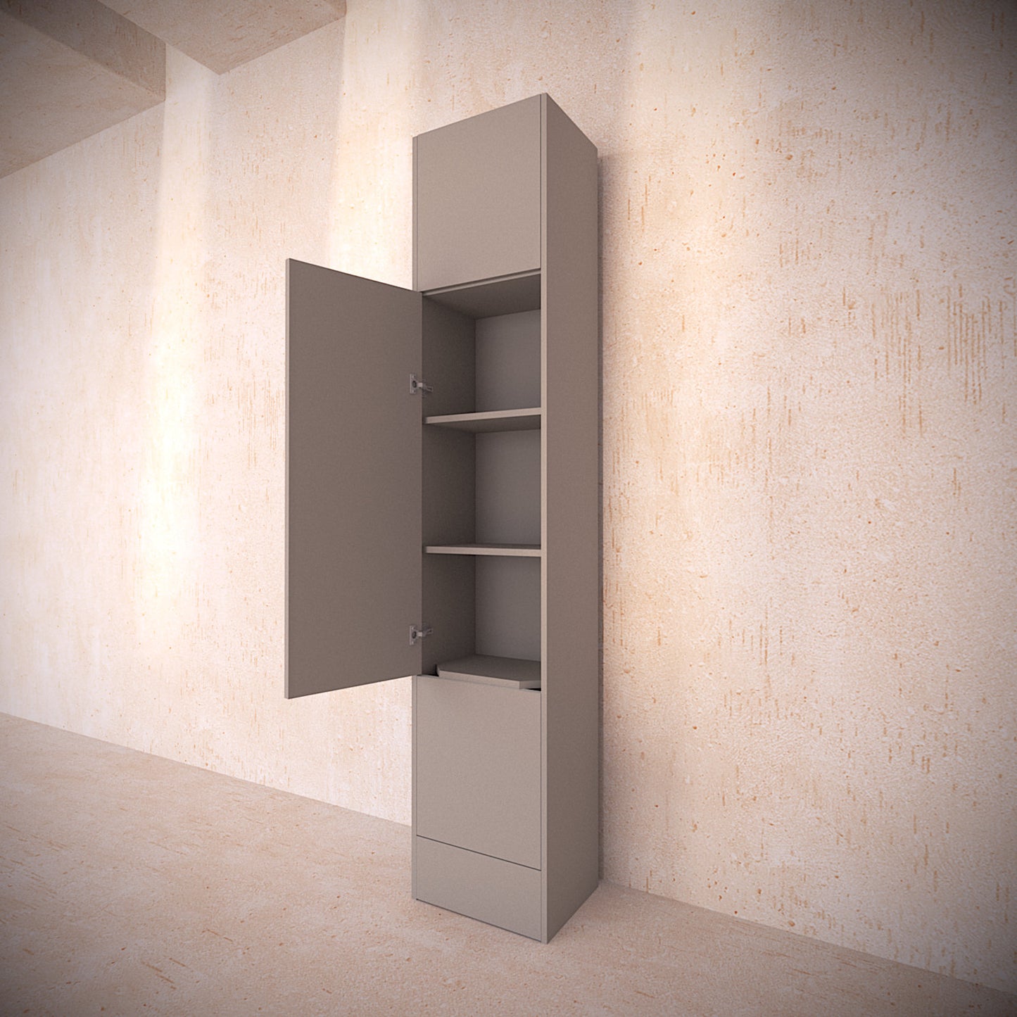 Dune taupe panel modular cupboard showing exposed shelves and storage access
