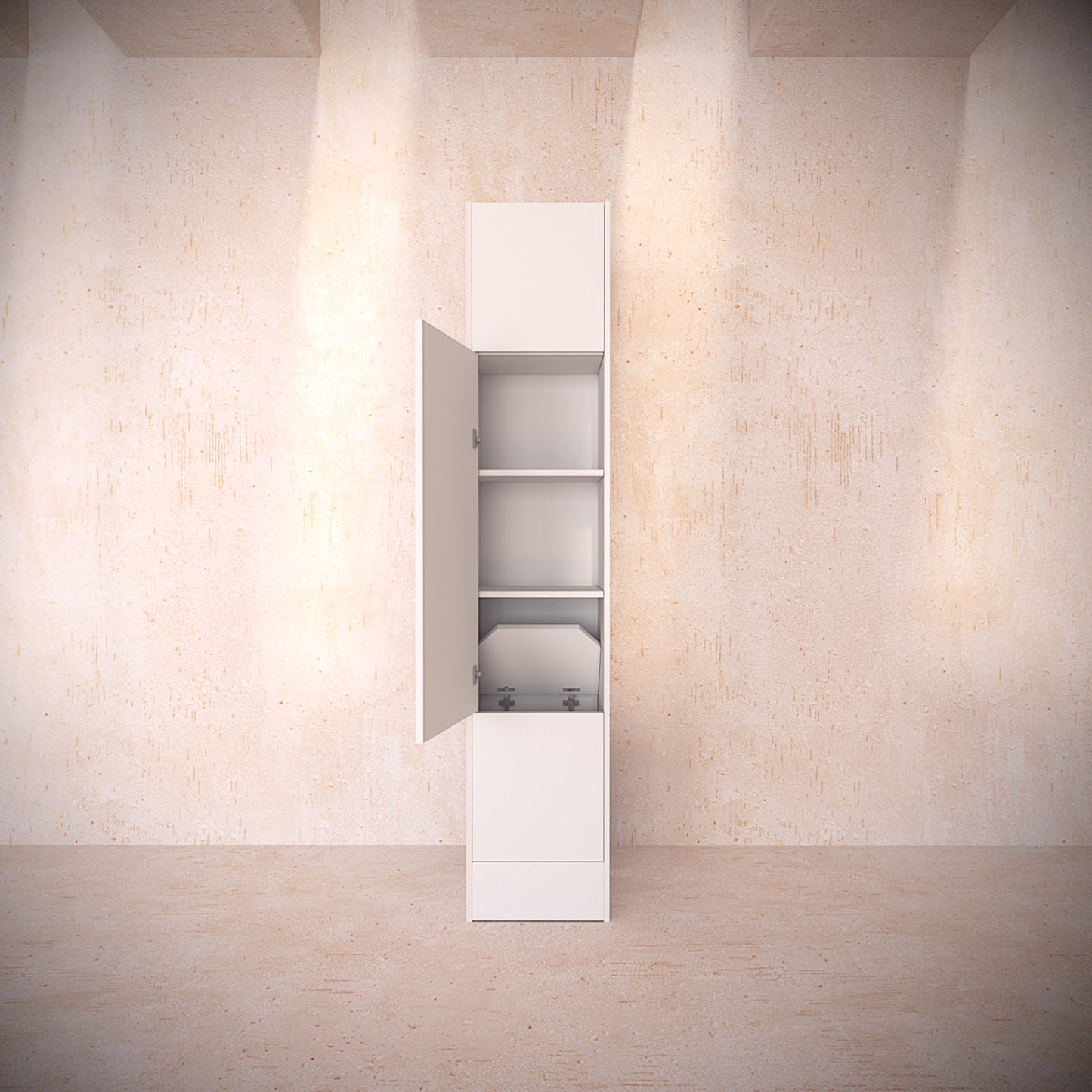 Single modular cupboard in opal white opened and showing storage
