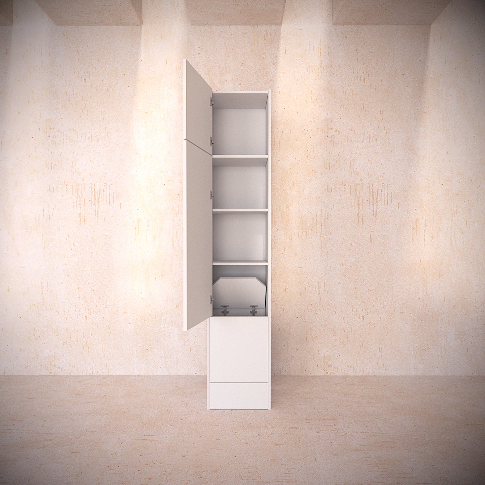modular cupboard in opal white opened and showing storage