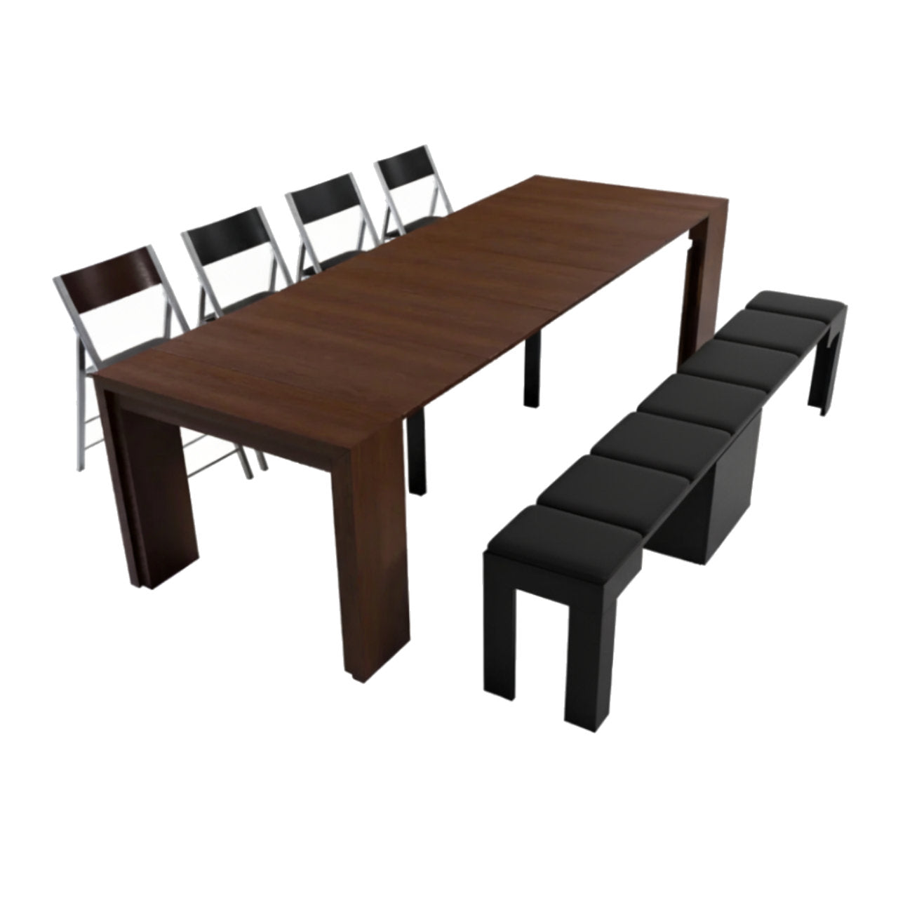 Junior giant walnut table paired with black bench and chairs