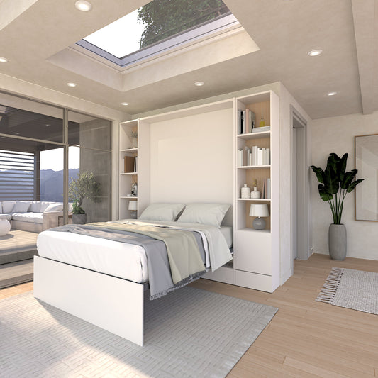 Panel Murphy Bed in White lowered and open in modern apartment