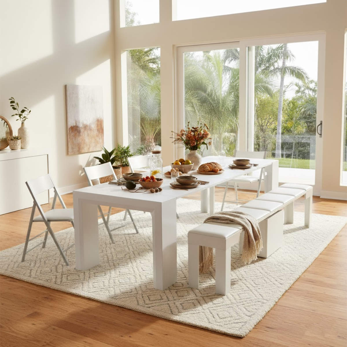 White gloss junior giant table extended for dining with paired extending bench and nano folding chairs in a modern warm home