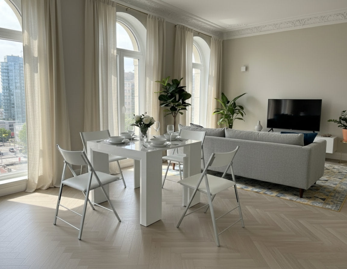 white gloss junior giant extending table with 1 extension added as a 4 person dinner table