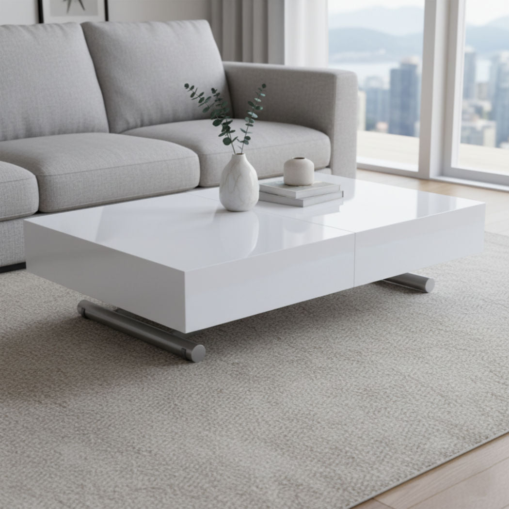 white gloss box coffee table in front of a sofa at low height