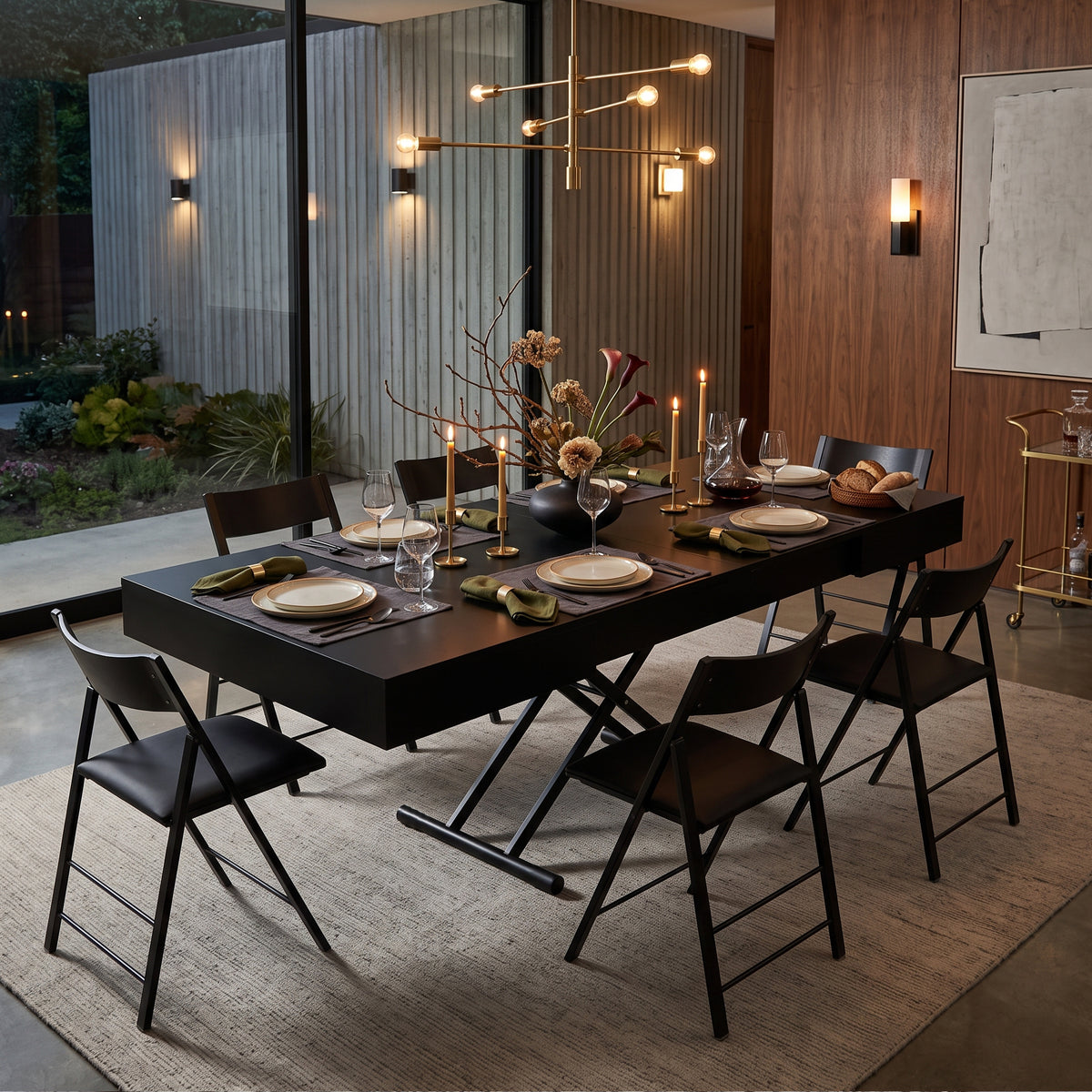 box coffee table transformed in height can extended into dinner table with nano chairs from Expand Furniture | Wood Black