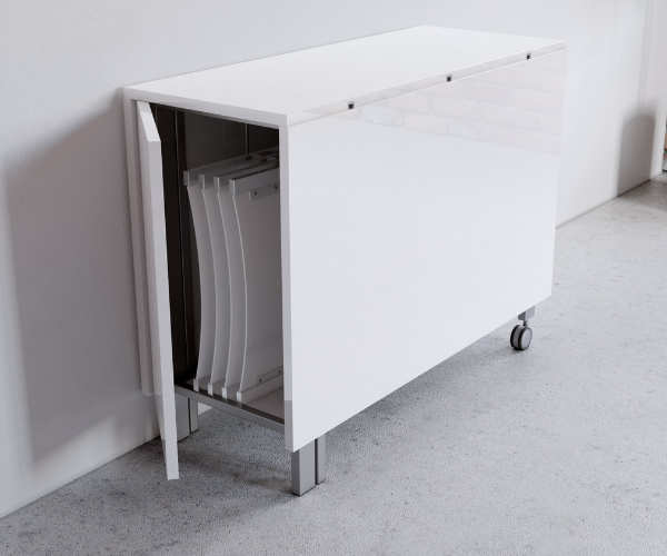 Console hides 4 chairs and expands with folding extension leaves - white gloss space saver