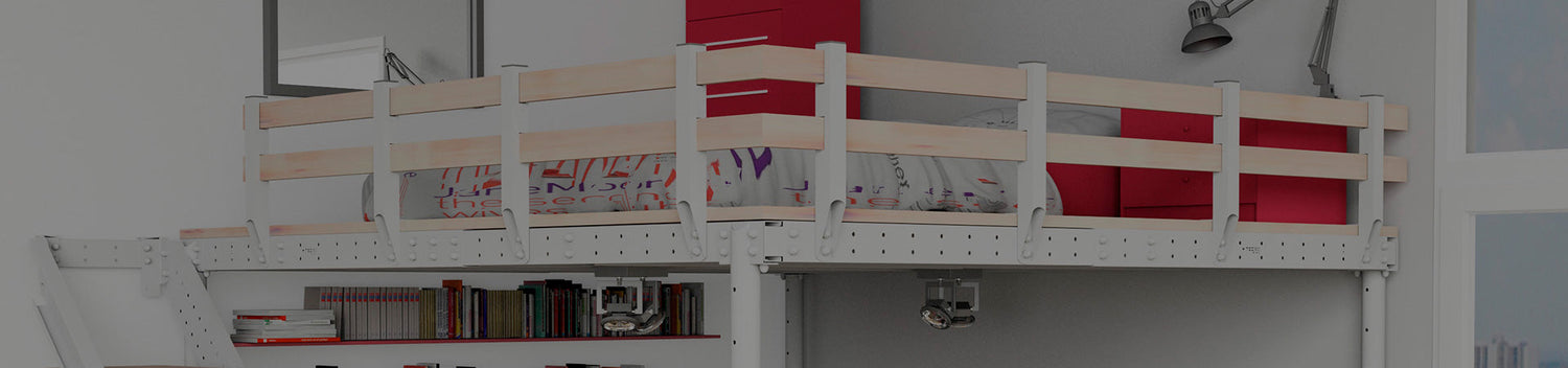 Systems for lofts, including modular parts and components used in adjustable DIY loft bed kits for creating your own loft.