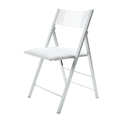 Nano folding chair with glossy white curved back rest and white padded seat and silver metal