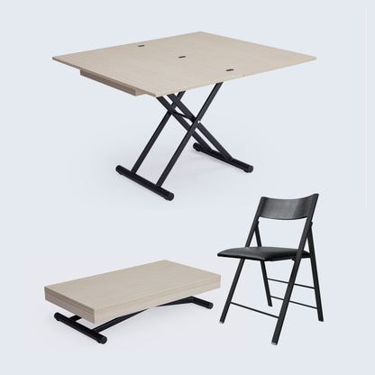 Alzare Dining set expands from coffee sized table in Light Oak wood with black nano chairs