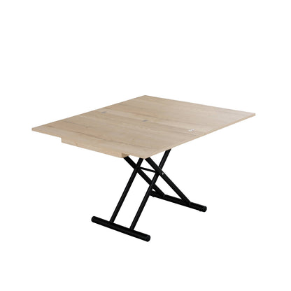 Alzare Grano coffee to dining table in wood grain and black legs open as a dinner table