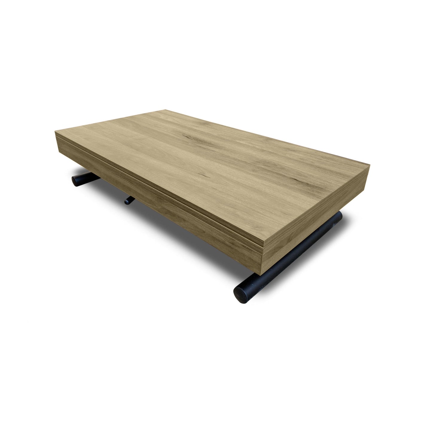 Alzare coffee to dining table in grano panel finish with natural wood grain and black legs on table