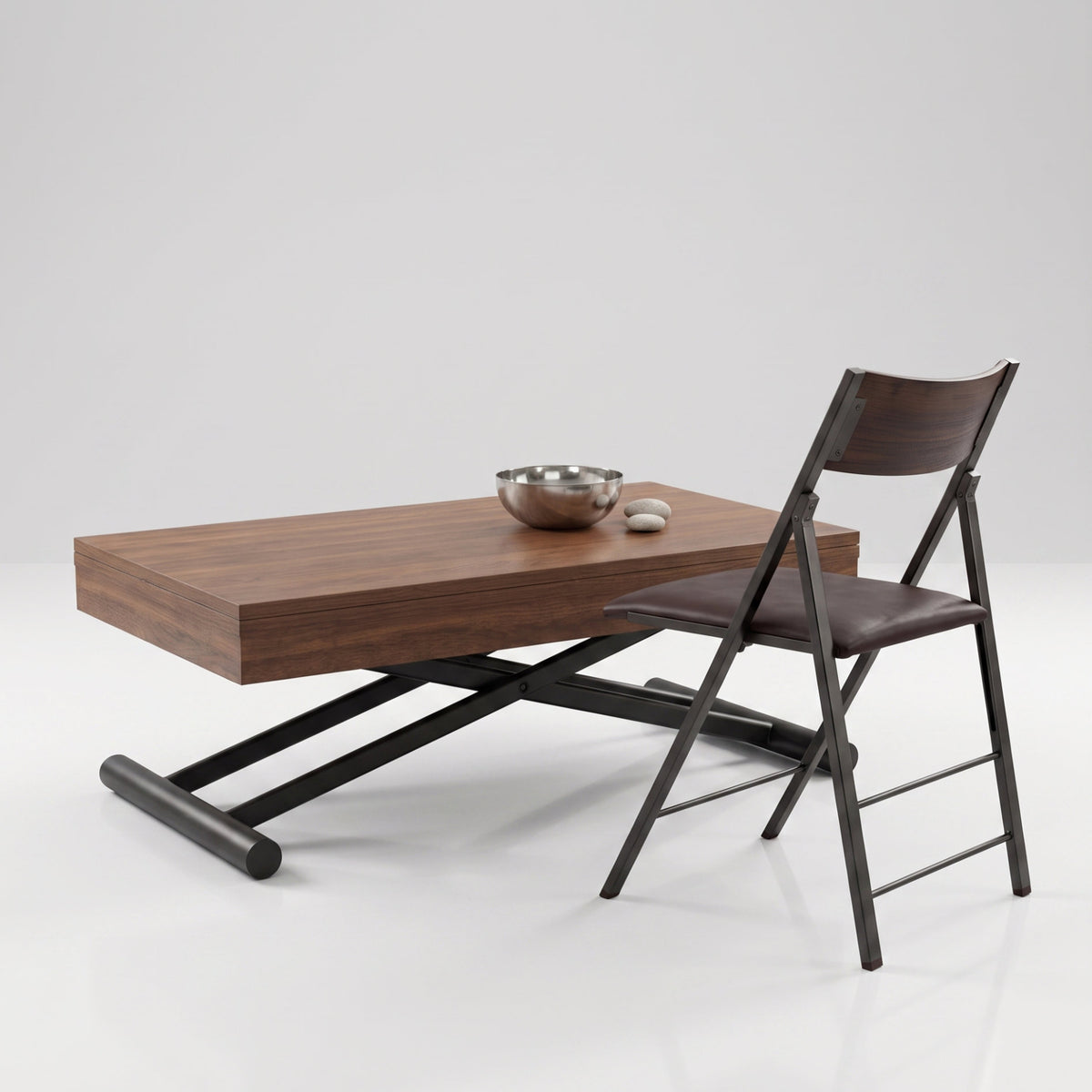 Alzare coffee convertible table dining set with nano chairs in Chocolate Walnut