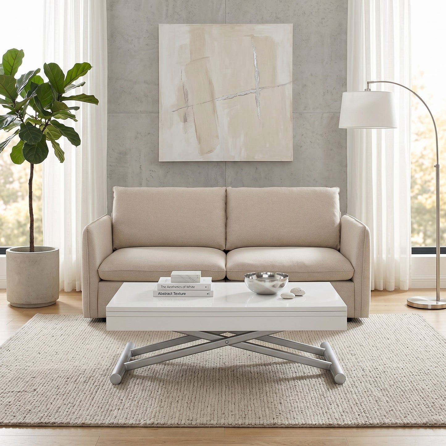 Alzare coffee transforming dinner table with mosaic sofa | Glossy White