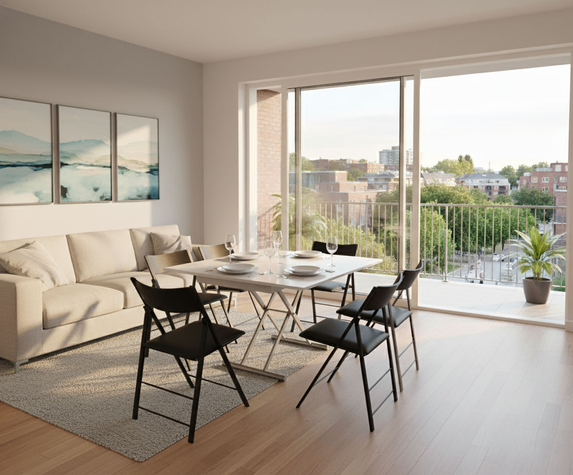 Alzare coffee to dinner table raised and opened for guests - white gloss with black nano chairs