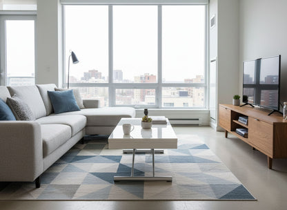 Alzare white gloss coffee dining table at mid height in a modern living room