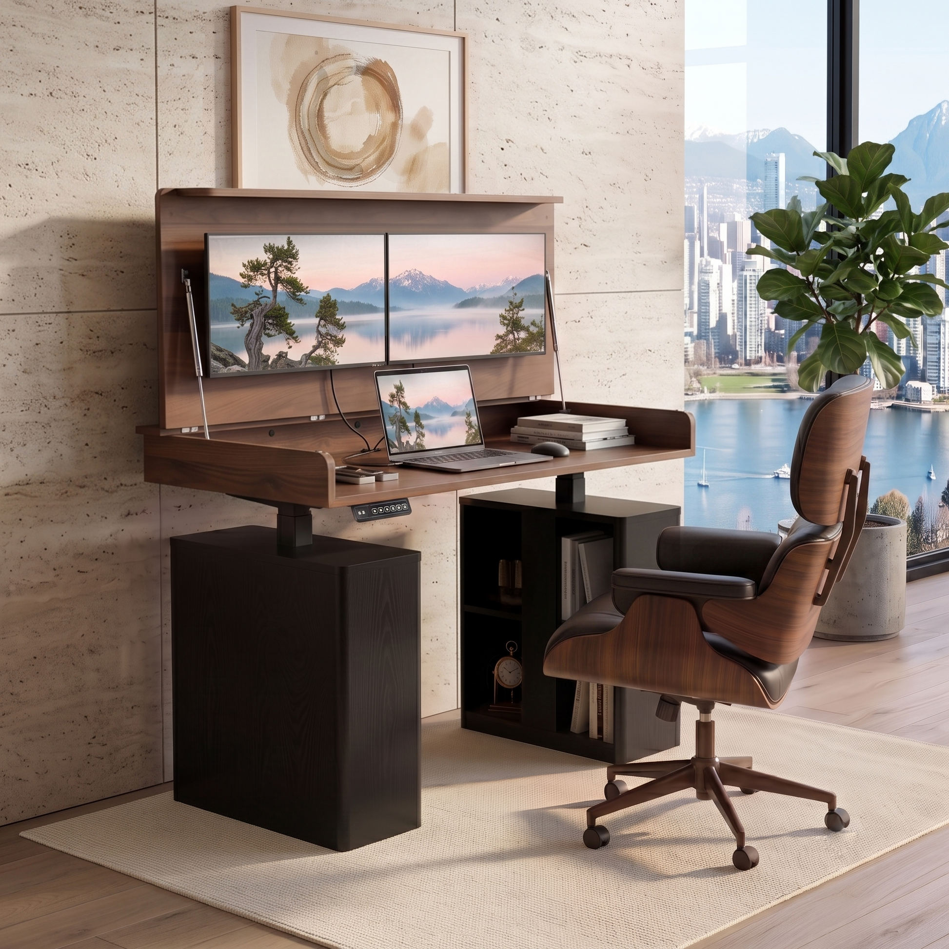 Archive Flow flipped open to reveal monitor storage in an office home | Chocolate Walnut