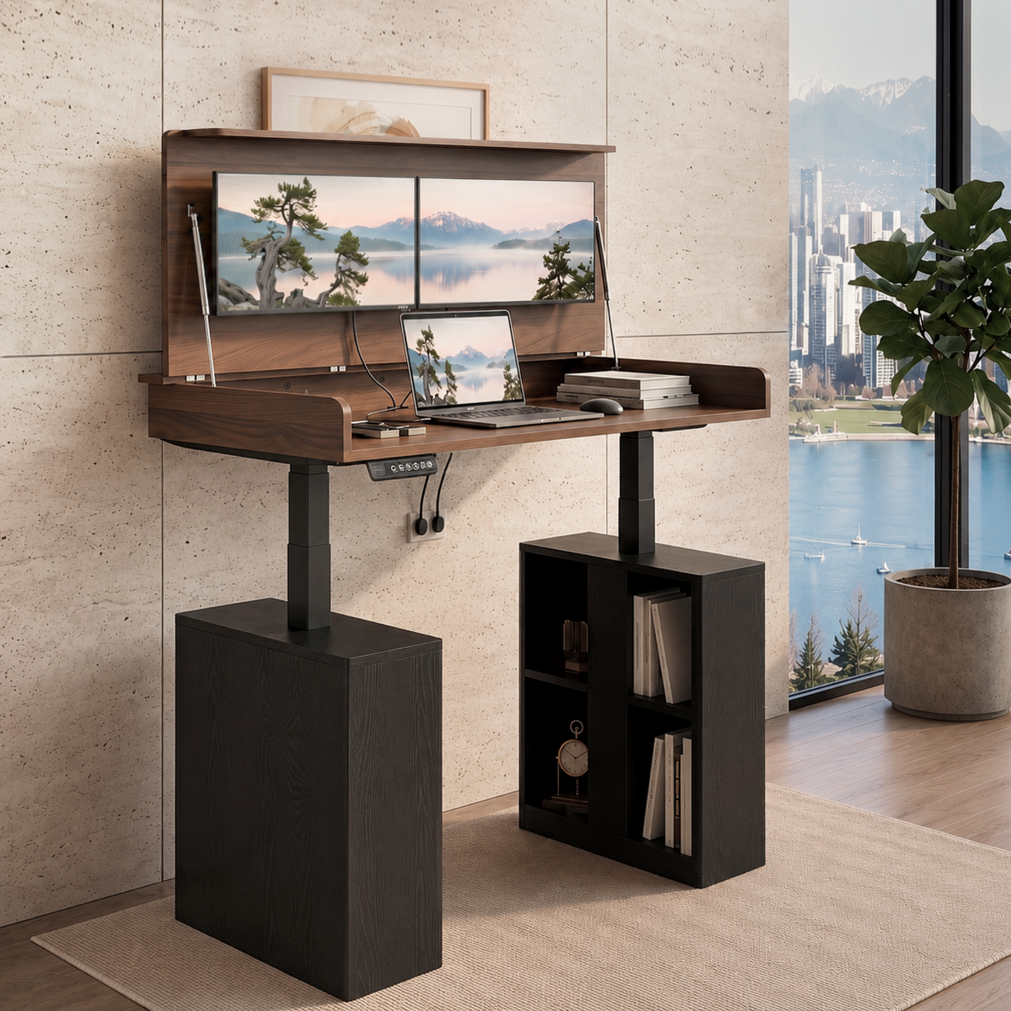 Archive Flow raised up with motor and top flipped open for monitor and work access  | Chocolate Walnut
