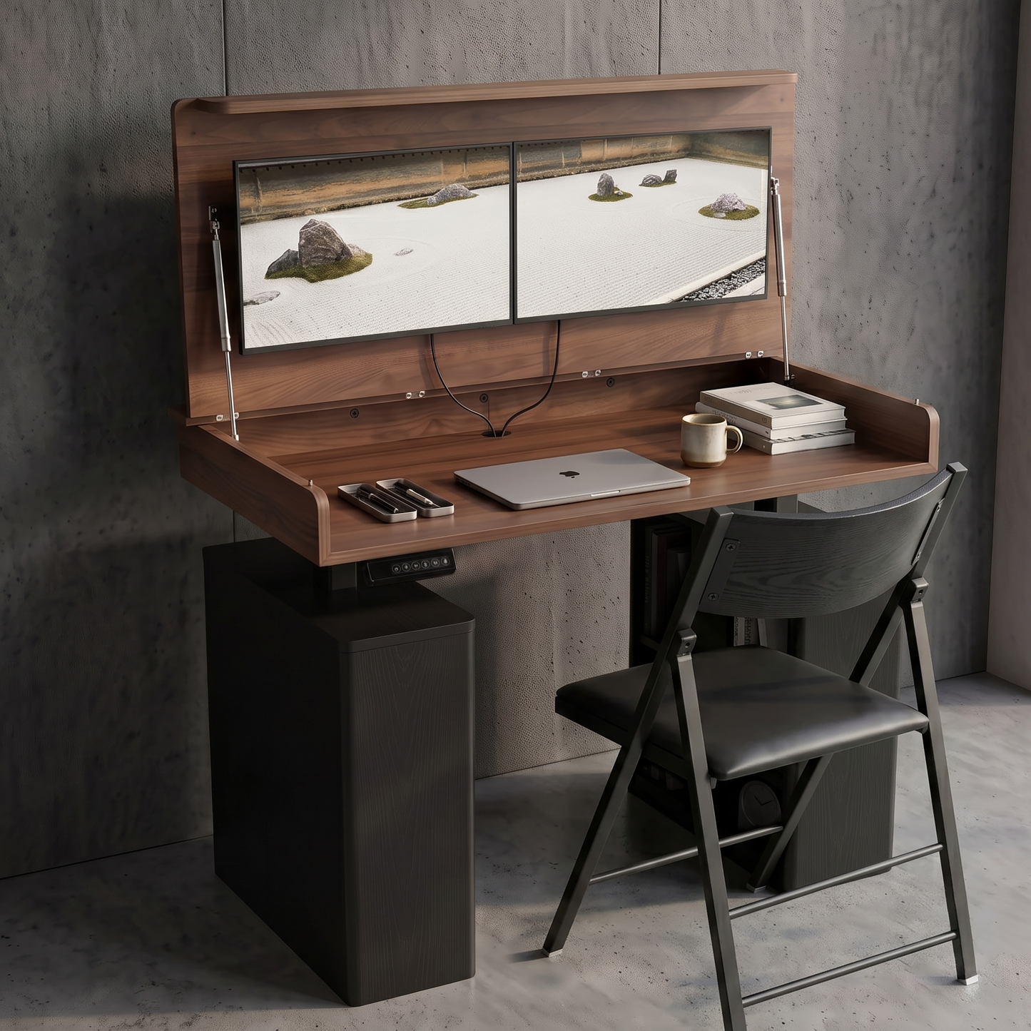 Archive flow flip top opened to show office solution in a modern setting | Chocolate Walnut