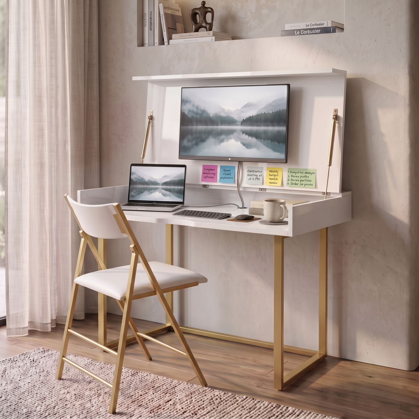 Archive Fold - Smart office with hidden storage for monitor  | Gloss White - Satin Gold