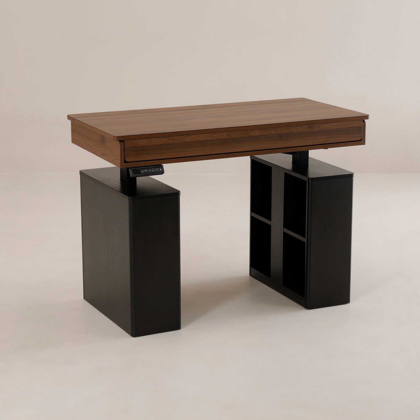 Archive Flow - Height adjustable curved Storage Office with flip top monitor storage | Chocolate Walnut