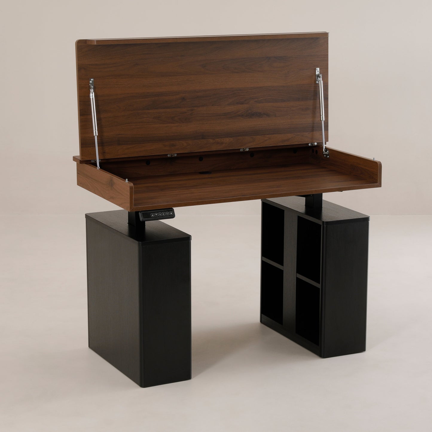 Archive Flow -  open desktop Curved Storage Office with flip top monitor storage | Chocolate Walnut