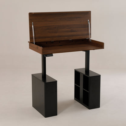 Archive Flow - Raised height and open desktop Curved Storage Office with flip top monitor storage | Chocolate Walnut