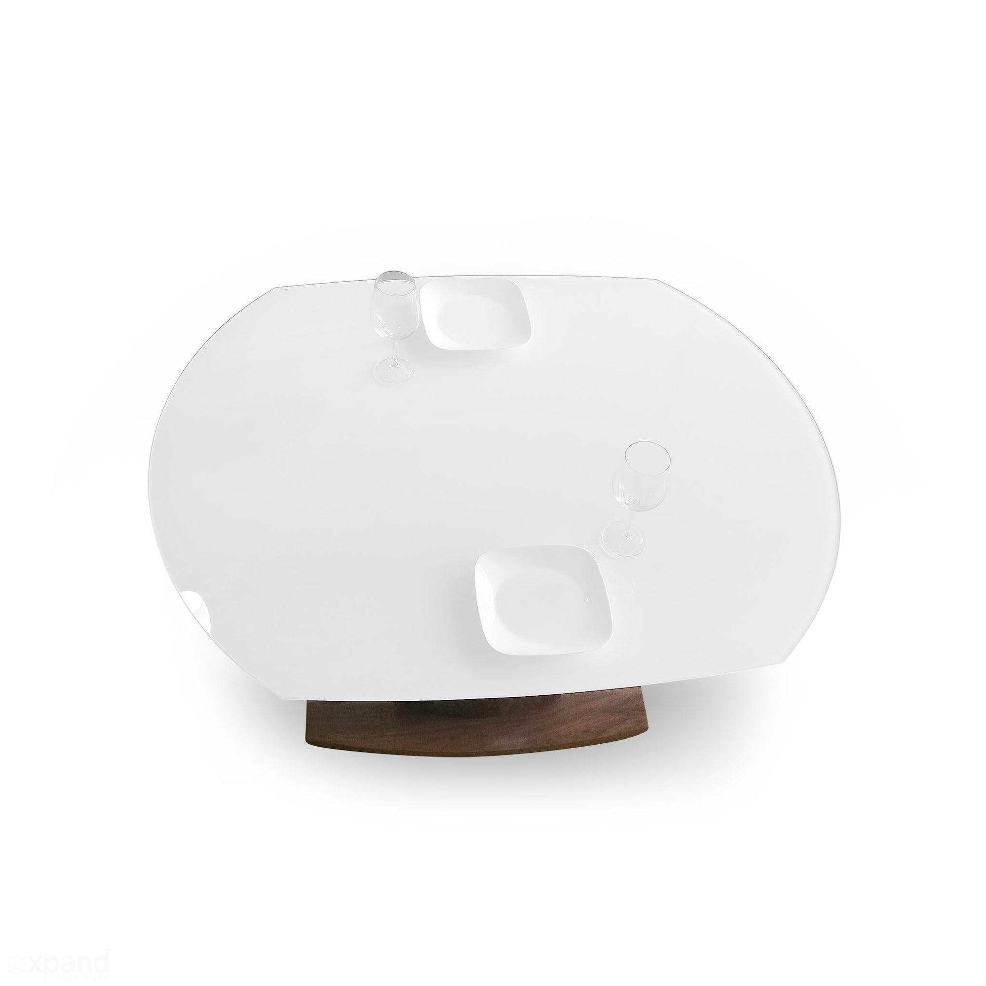 Baobab-round-rotating-white-glass-table-with-walnut-base-compacted