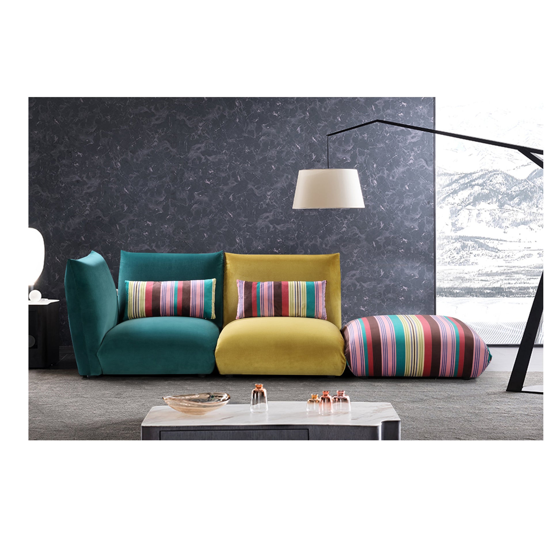 Basso-3-piece-modular-sofa-set-in-in-colorful-lime-and-dark-green-with-striped-ottoman-in-modern-home