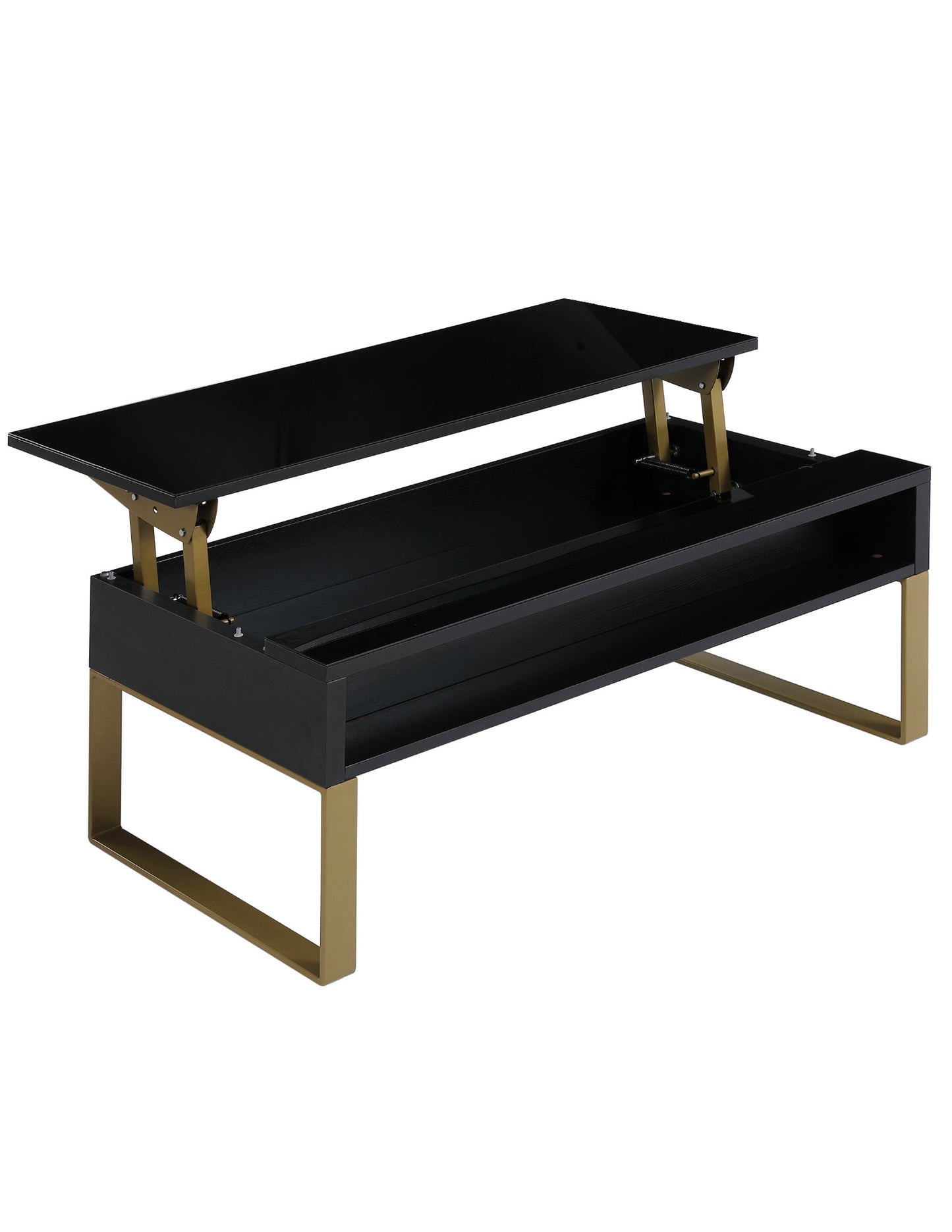 Boost table in glass black top over wood panel with gold legs - storage expanded